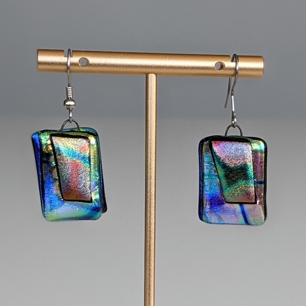 Blue/Green/Pink/Orange Iridescent Glass Rectangle Drop Earrings